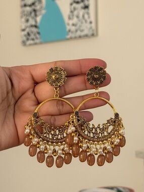 Gold-Tone Floral Hoop Chandbali Earrings with Brown Beads